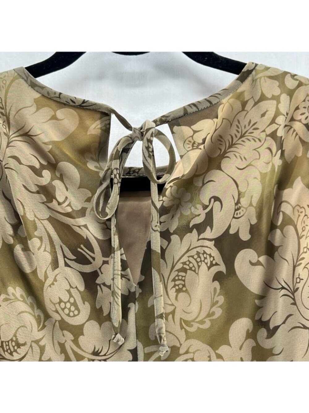 Donna Ricco Floral Chiffon A-Line Dress Womens 10 Tie Keyhole Sleeveless Vtg Tan - Picture 10 of 13